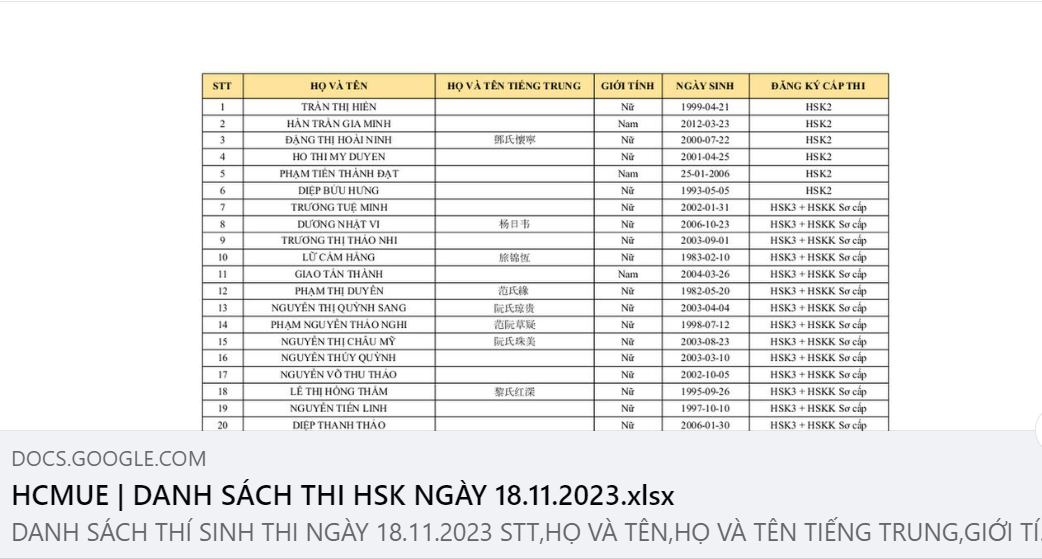 Danh sách chính thức thi HSK ngày 18.11.2023 tại Đại học Sư phạm Hồ Chí Minh HCMUE
